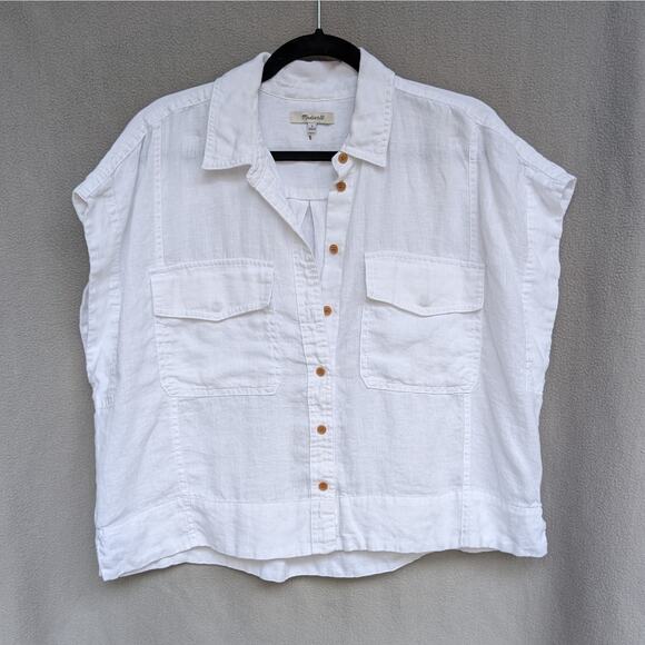 Madewell White Flap-Pocket Button-Up Shirt in 100% Linen, size L - Picture 2 of 7